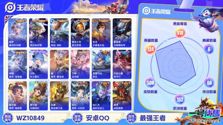 【WZ3445】贵族10/皮肤508/典藏7/传说65/史诗164/英雄124/武则天/夏侯惇_无限飓风号/鲁班七号_星空梦想/芈月_大秦宣太后/李白_鸣剑·曳影/铠_银白咏叹调/伽罗_最初的交响/