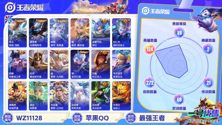 【WZ3558】贵族8/皮肤272/典藏2/传说21/史诗75/英雄124/夏侯惇_无限飓风号/李白_鸣剑·曳影/曜_器灵·螭龙剑/嫦娥_器灵·落星盏/孙尚香_蔷薇恋人/狂铁_特工战影/狄仁杰_超时