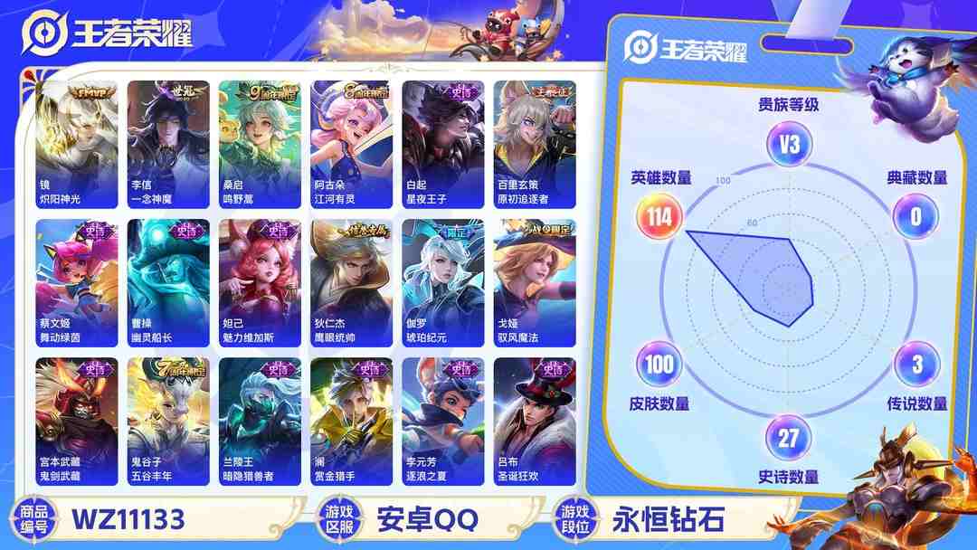 王者荣耀账号安卓QQ【WZ3643】贵族3/皮肤100/传说3/史诗27/英雄114/干将莫邪_胡桃夹子/李信_一念神魔/镜_炽阳神光/桑启_鸣野蒿/狄仁杰_阴阳师/赵云_皇家上将/元歌_无心/项羽_海滩派对/李元芳_