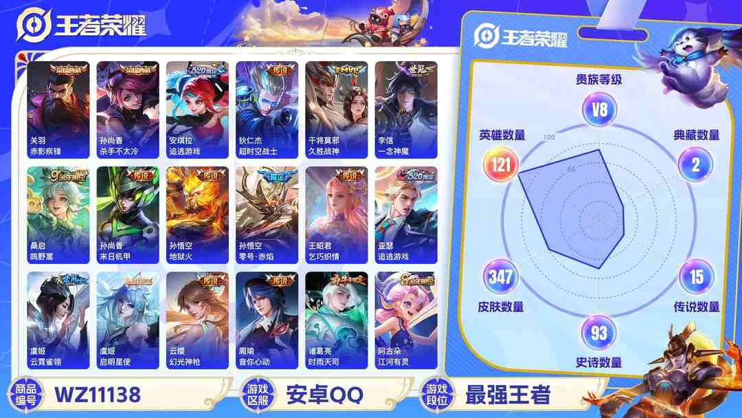 王者荣耀账号安卓QQ【WZX2951】贵族8/皮肤347/典藏2/传说14/史诗94/英雄121/孙尚香_杀手不太冷/关羽_赤影疾锋/孙尚香_蔷薇恋人/嬴政_优雅恋人/狂铁_特工战影/孙尚香_末日机甲/周瑜_音你心动/