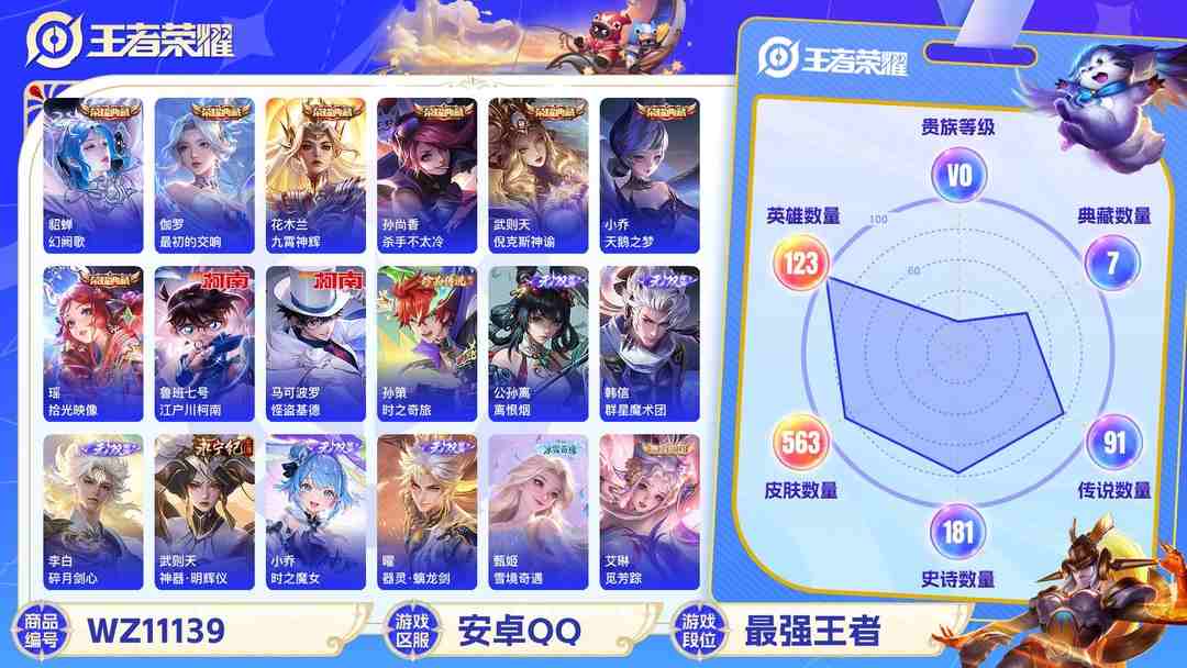 王者荣耀账号安卓QQ【WZX3204】贵族11/皮肤563/典藏8/传说87/史诗186/英雄123/武则天/武则天_倪克斯神谕/小乔_天鹅之梦/孙尚香_杀手不太冷/花木兰_九霄神辉/貂蝉_幻阙歌/瑶_拾光映像/伽罗_