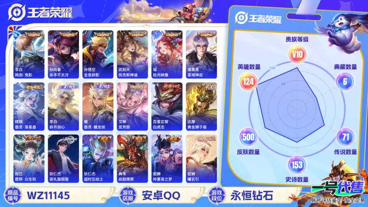 【WZX3547】贵族10/皮肤500/典藏7/传说70/史诗161/英雄124/武则天/孙悟空_全息碎影/武则天_倪克斯神谕/孙尚香_杀手不太冷/李白_鸣剑·曳影/诸葛亮_星域神启/瑶_拾光映像/