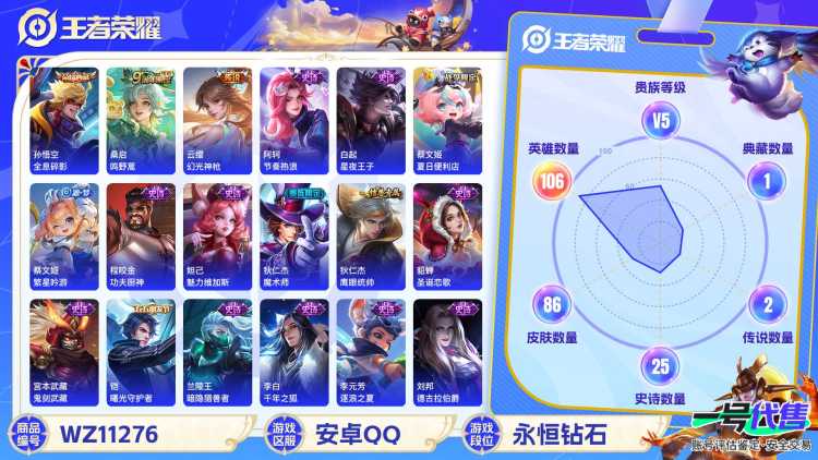 【WZF4944】贵族5/皮肤86/典藏1/传说2/史诗27/英雄106/孙悟空_全息碎影/桑启_鸣野蒿/云缨_幻光神枪/蔡文姬_夏日便利店/虞姬_夏日便利店/狄仁杰_阴阳师/赵云_皇家上将/马可波