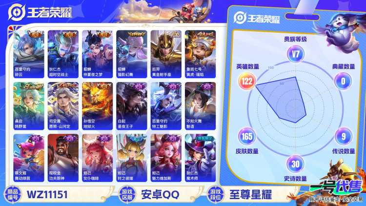 【WZX3797】贵族7/皮肤165/传说9/史诗32/英雄122/艾琳_女武神/鲁班七号_寅虎·瑞焰/狄仁杰_超时空战士/貂蝉_仲夏夜之梦/貂蝉_猫影幻舞/孙悟空_地狱火/后羿_黄金射手座/百里守
