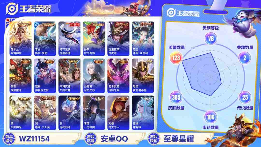 王者荣耀账号安卓QQ【WZX3918】贵族8/皮肤385/典藏2/传说25/史诗111/英雄123/李白_鸣剑·曳影/花木兰_九霄神辉/马可波罗_怪盗基德/孙策_时之奇旅/孙尚香_蔷薇恋人/嬴政_优雅恋人/高渐离_玩趣