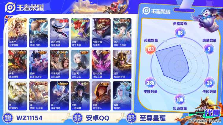 【WZX3918】贵族8/皮肤385/典藏2/传说25/史诗111/英雄123/李白_鸣剑·曳影/花木兰_九霄神辉/马可波罗_怪盗基德/孙策_时之奇旅/孙尚香_蔷薇恋人/嬴政_优雅恋人/高渐离_玩趣