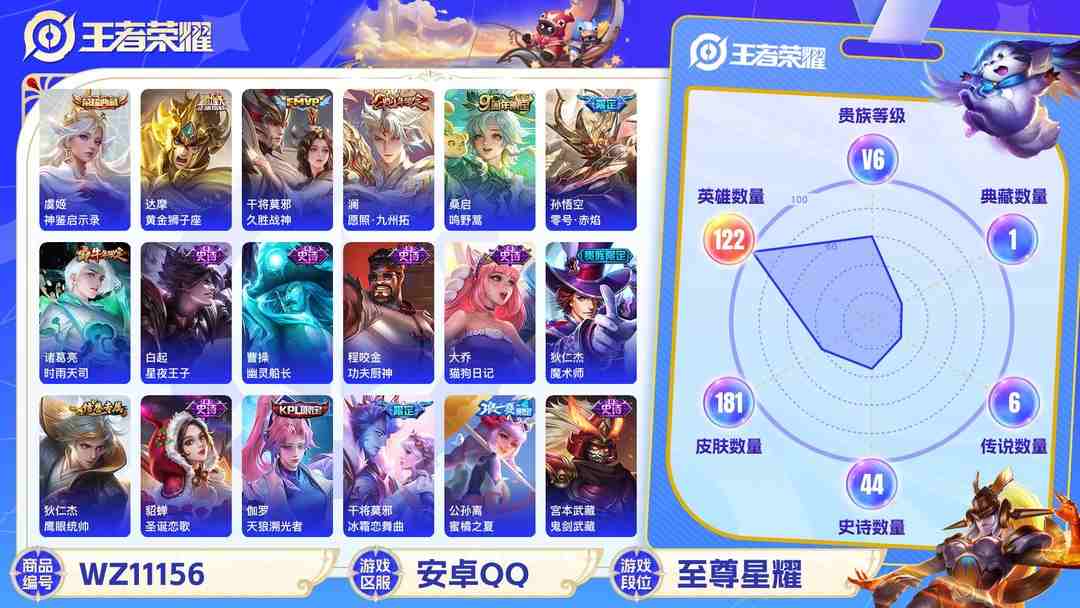 王者荣耀账号安卓QQ【WZX3959】贵族6/皮肤181/典藏1/传说6/史诗45/英雄122/虞姬_神鉴启示录/孙尚香_蔷薇恋人/达摩_黄金狮子座/干将莫邪_久胜战神/孙悟空_零号·赤焰/诸葛亮_时雨天司/桑启_鸣野