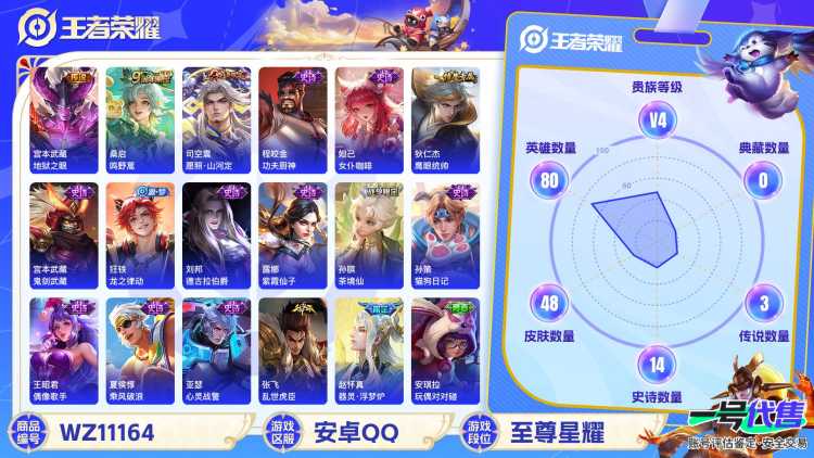 【WZX4262】贵族4/皮肤48/传说3/史诗14/英雄80/宫本武藏_地狱之眼/桑启_鸣野蒿/司空震_愿照·山河定/狄仁杰_阴阳师/项羽_海滩派对/李元芳_云中旅人/鲁班大师_探海日志/刘邦_剑