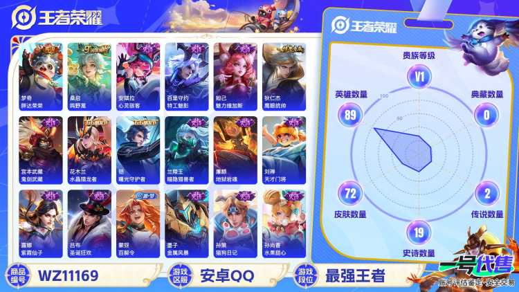 【WZX4319】贵族1/皮肤72/传说2/史诗19/英雄89/梦奇_胖达荣荣/桑启_鸣野蒿/姜子牙_天穹之誓/狄仁杰_阴阳师/裴擒虎_擒涛扼浪/桑启_海盐诗旅/张良_古海寻踪/蒙犽_百解令/鬼谷子