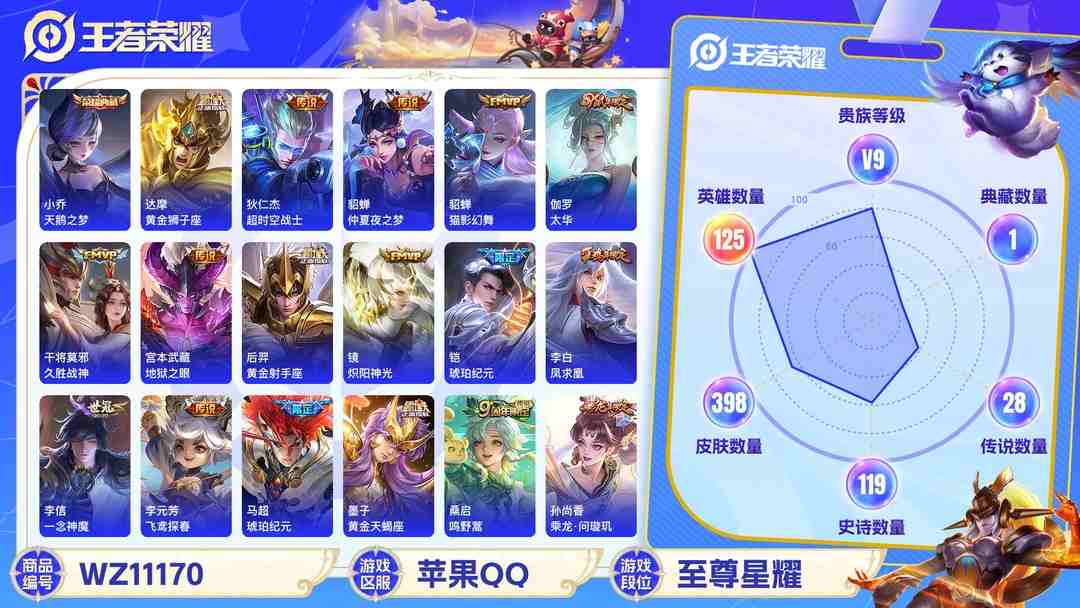 王者荣耀账号苹果QQ【WZX4322】贵族9/皮肤398/典藏2/传说27/史诗117/英雄125/武则天/小乔_天鹅之梦/孙尚香_蔷薇恋人/嬴政_优雅恋人/艾琳_女武神/狂铁_特工战影/狄仁杰_超时空战士/武则天_海