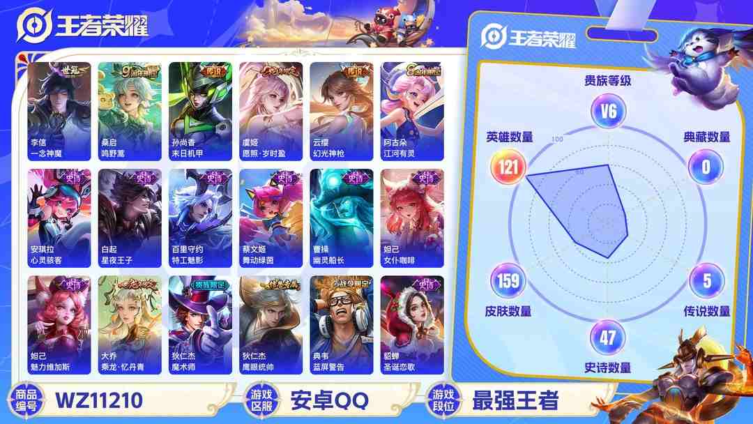 王者荣耀账号安卓QQ【WZX4445】贵族6/皮肤159/传说5/史诗47/英雄121/狂铁_特工战影/孙尚香_末日机甲/李信_一念神魔/桑启_鸣野蒿/云缨_幻光神枪/虞姬_愿照·岁时盈/蒙犽_顽岩魄/姜子牙_天穹之誓