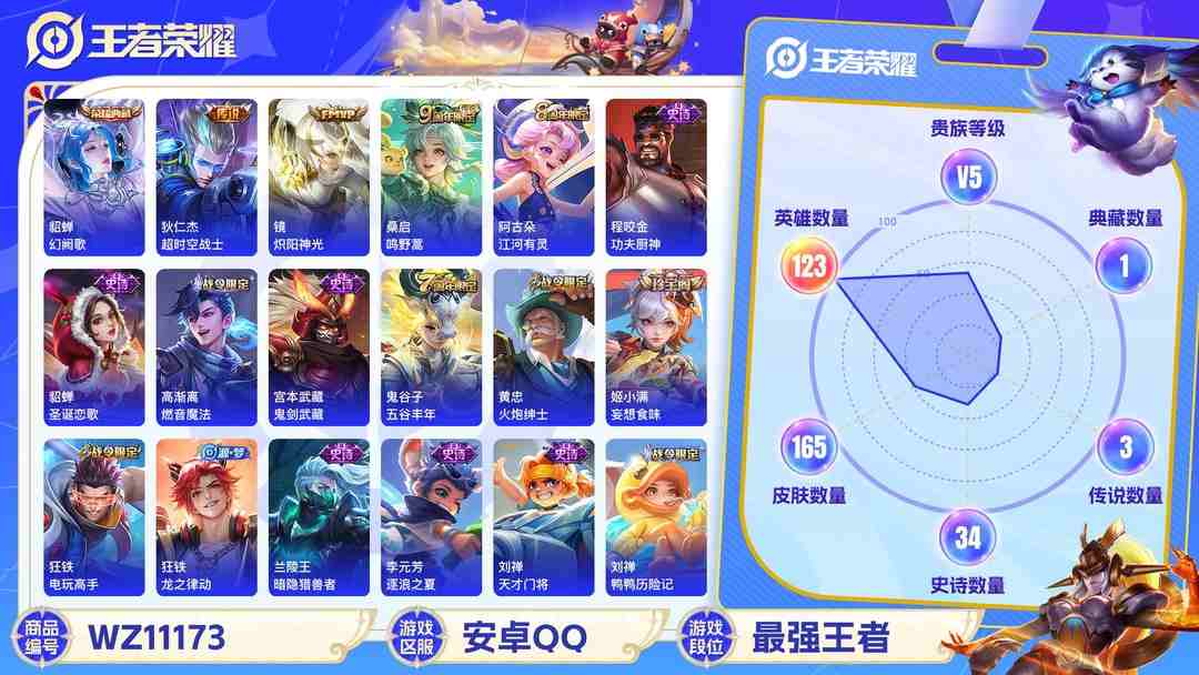 王者荣耀账号安卓QQ【WZX4339】贵族5/皮肤165/典藏1/传说3/史诗34/英雄123/貂蝉_幻阙歌/狂铁_特工战影/干将莫邪_胡桃夹子/狄仁杰_超时空战士/镜_炽阳神光/桑启_鸣野蒿/白起_狰/狄仁杰_阴阳师