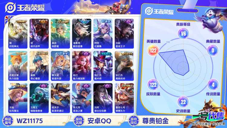 【WZX4345】贵族6/皮肤122/传说4/史诗22/英雄122/高渐离_玩趣恶龙/镜_炽阳神光/铠_绛天战甲/诸葛亮_鹤羽星尊/桑启_鸣野蒿/狄仁杰_阴阳师/赵云_皇家上将/墨子_神迹守卫/鲁班