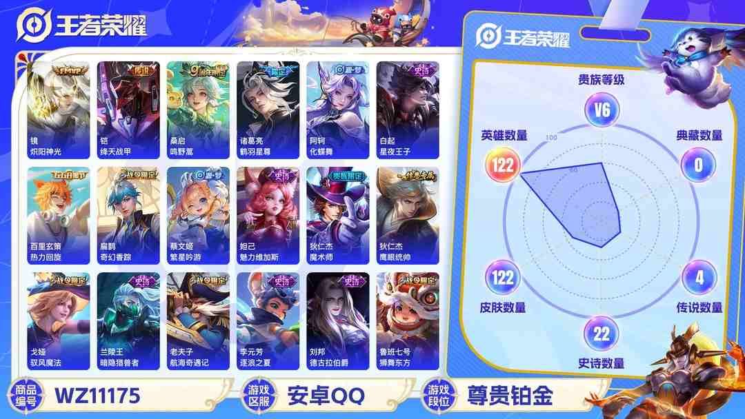 王者荣耀账号安卓QQ【WZX4345】贵族6/皮肤122/传说4/史诗22/英雄122/高渐离_玩趣恶龙/镜_炽阳神光/铠_绛天战甲/诸葛亮_鹤羽星尊/桑启_鸣野蒿/狄仁杰_阴阳师/赵云_皇家上将/墨子_神迹守卫/鲁班