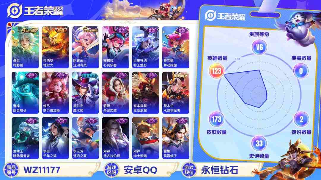 王者荣耀账号安卓QQ【WZX4348】贵族6/皮肤173/传说2/史诗33/英雄123/嬴政_优雅恋人/狂铁_特工战影/孙悟空_地狱火/桑启_鸣野蒿/白起_狰/杨戬_破阵·退雄兵/狄仁杰_阴阳师/虞姬_凯尔特女王/赵云