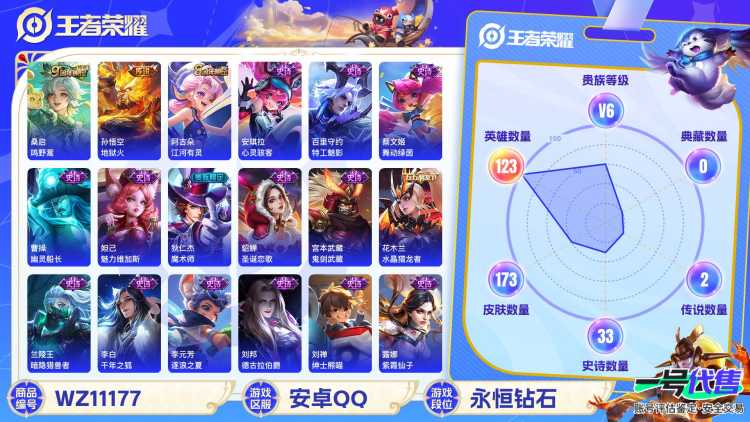 【WZX4348】贵族6/皮肤173/传说2/史诗33/英雄123/嬴政_优雅恋人/狂铁_特工战影/孙悟空_地狱火/桑启_鸣野蒿/白起_狰/杨戬_破阵·退雄兵/狄仁杰_阴阳师/虞姬_凯尔特女王/赵云