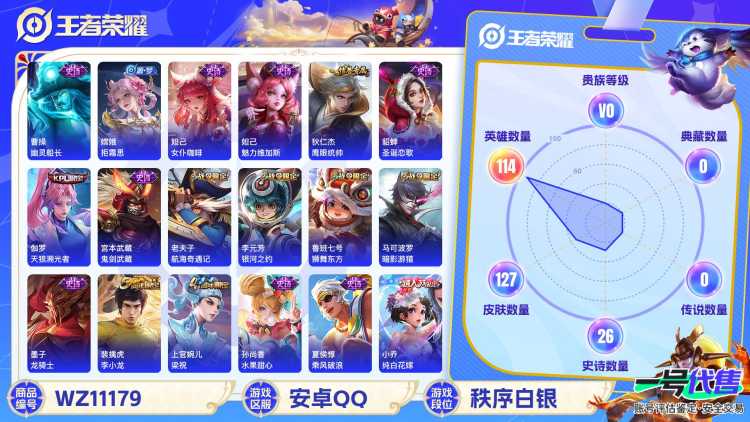【WZX4351】贵族0/皮肤127/史诗25/英雄114/艾琳_女武神/白起_狰/狄仁杰_阴阳师/赵云_皇家上将/墨子_神迹守卫/鲁班七号_狮舞东方/庄周_高山流水/芈月_重明/甄姬_游园惊梦/曹