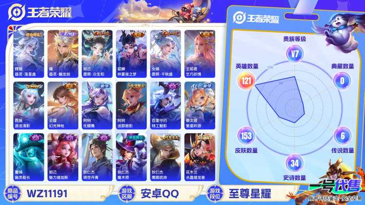 【WZX4379】贵族7/皮肤153/传说6/史诗34/英雄121/曜_器灵·螭龙剑/嫦娥_器灵·落星盏/干将莫邪_胡桃夹子/貂蝉_仲夏夜之梦/西施_游龙清影/王昭君_乞巧织情/云缨_幻光神枪/妲己