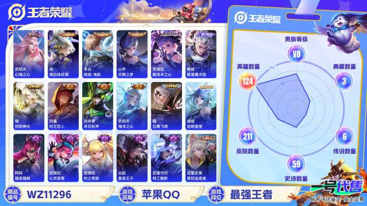 【WZF5163】贵族8/皮肤211/典藏4/传说6/史诗59/英雄124/武则天/小乔_天鹅之梦/李白_鸣剑·曳影/铠_银白咏叹调/武则天_幻海之心/韩信_群星魔术团/安琪拉_酷洛米之心/嬴政_优