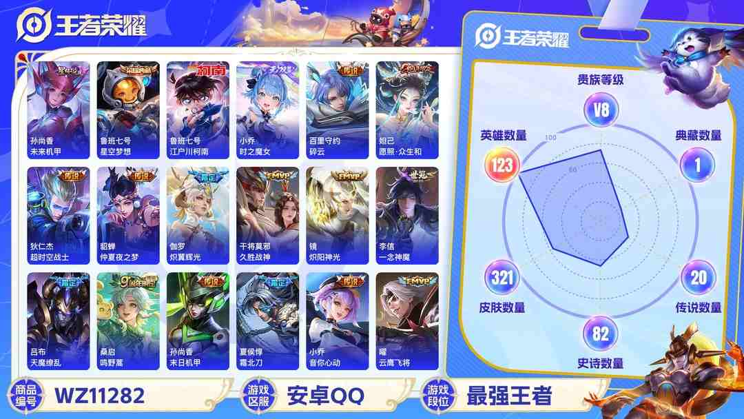 王者荣耀账号安卓QQ【WZF5005】贵族8/皮肤321/典藏1/传说19/史诗92/英雄123/鲁班七号_星空梦想/孙尚香_未来机甲/小乔_时之魔女/鲁班七号_江户川柯南/孙尚香_蔷薇恋人/高渐离_玩趣恶龙/狂铁_特