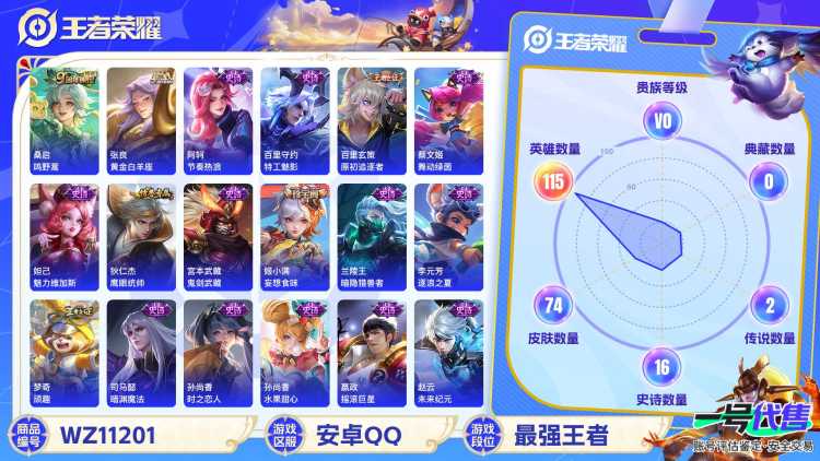 【WZX4425】贵族0/皮肤74/传说2/史诗16/英雄115/张良_黄金白羊座/桑启_鸣野蒿/狄仁杰_阴阳师/达摩_沙漠行僧/程咬金_演武夺筹/兰陵王_金庭之子/李元芳_云中旅人/钟馗_驱傩正仪