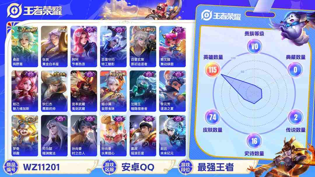 王者荣耀账号安卓QQ【WZX4425】贵族0/皮肤74/传说2/史诗16/英雄115/张良_黄金白羊座/桑启_鸣野蒿/狄仁杰_阴阳师/达摩_沙漠行僧/程咬金_演武夺筹/兰陵王_金庭之子/李元芳_云中旅人/钟馗_驱傩正仪