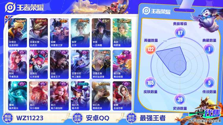 【WZX4472】贵族7/皮肤165/典藏1/传说5/史诗39/英雄122/孙悟空_全息碎影/艾琳_女武神/貂蝉_仲夏夜之梦/百里玄策_白虎志/伽罗_太华/李信_一念神魔/桑启_鸣野蒿/姜子牙_天穹