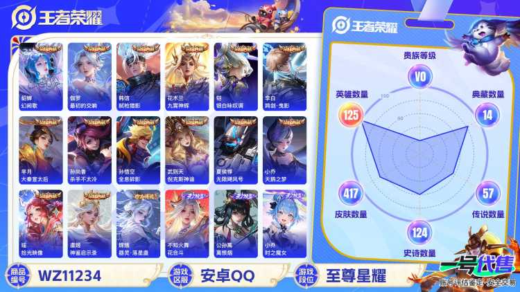 【WZX4516】贵族11/皮肤417/典藏15/传说56/史诗122/英雄125/武则天/孙悟空_全息碎影/武则天_倪克斯神谕/夏侯惇_无限飓风号/小乔_天鹅之梦/孙尚香_杀手不太冷/芈月_大秦宣