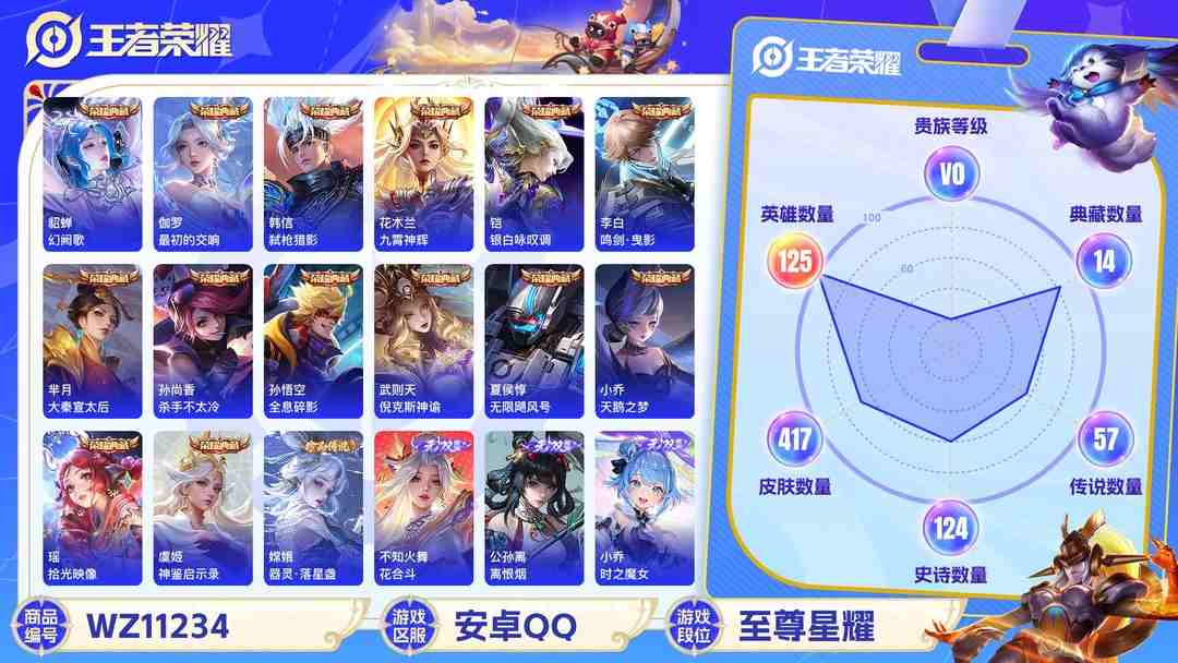 王者荣耀账号安卓QQ【WZX4516】贵族11/皮肤417/典藏15/传说56/史诗122/英雄125/武则天/孙悟空_全息碎影/武则天_倪克斯神谕/夏侯惇_无限飓风号/小乔_天鹅之梦/孙尚香_杀手不太冷/芈月_大秦宣