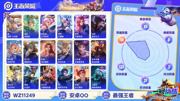 【WZX4556】贵族5/皮肤133/传说2/史诗31/英雄118/孙尚香_蔷薇恋人/狂铁_特工战影/桑启_鸣野蒿/澜_愿照·九州拓/姜子牙_天穹之誓/狄仁杰_阴阳师/赵云_皇家上将/孙尚香_蔷薇恋