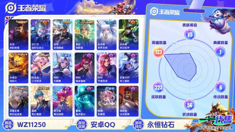【WZX4557】贵族5/皮肤223/典藏1/传说6/史诗55/英雄123/关羽_赤影疾锋/高渐离_玩趣恶龙/狂铁_特工战影/狄仁杰_超时空战士/孙悟空_地狱火/孙尚香_末日机甲/孙尚香_异界灵契/