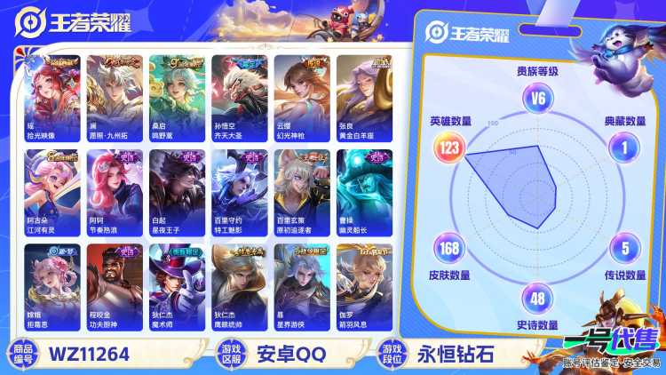【WZF4773】贵族6/皮肤168/典藏1/传说5/史诗49/英雄123/瑶_拾光映像/嬴政_优雅恋人/高渐离_玩趣恶龙/狂铁_特工战影/张良_黄金白羊座/孙悟空_齐天大圣/桑启_鸣野蒿/云缨_幻