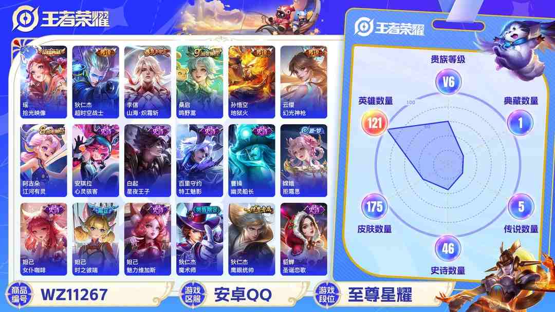 王者荣耀账号安卓QQ【WZF4823】贵族6/皮肤175/典藏1/传说5/史诗47/英雄121/瑶_拾光映像/孙尚香_蔷薇恋人/狂铁_特工战影/干将莫邪_胡桃夹子/狄仁杰_超时空战士/孙悟空_地狱火/李信_山海·炽霜斩