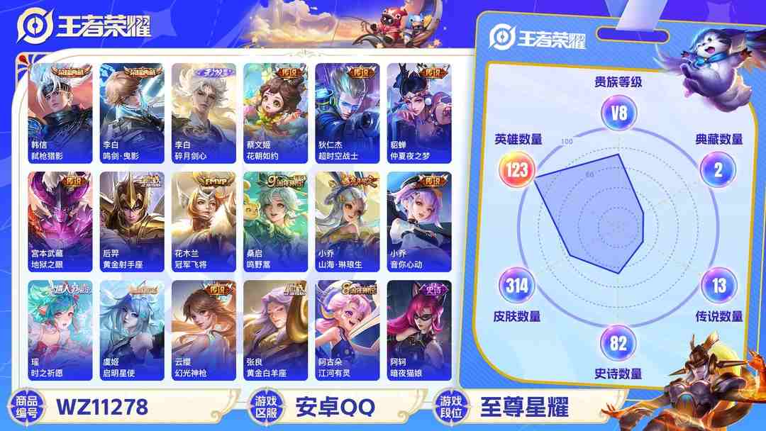 王者荣耀账号安卓QQ【WZF4958】贵族8/皮肤314/典藏2/传说13/史诗84/英雄123/李白_鸣剑·曳影/韩信_弑枪猎影/李白_碎月剑心/孙尚香_蔷薇恋人/狂铁_特工战影/小乔_音你心动/小乔_山海·琳琅生/