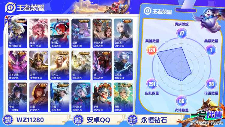 【WZF4991】贵族7/皮肤291/典藏2/传说27/史诗83/英雄124/武则天/铠_银白咏叹调/妲己_青丘·九尾/艾琳_女武神/狂铁_特工战影/赵云_淬星耀世/孙尚香_音你闪耀/周瑜_音你心动