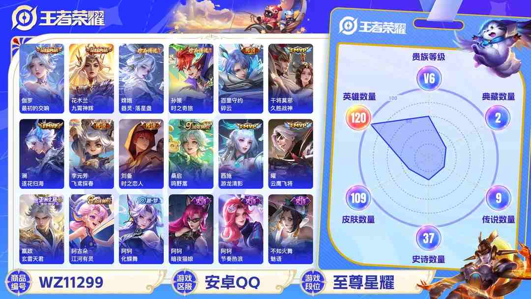 王者荣耀账号安卓QQ【WZF5177】贵族6/皮肤109/典藏2/传说9/史诗37/英雄120/花木兰_九霄神辉/伽罗_最初的交响/孙策_时之奇旅/嫦娥_器灵·落星盏/干将莫邪_久胜战神/刘备_时之恋人/曜_云鹰飞将/