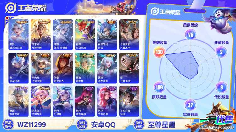 【WZF5177】贵族6/皮肤109/典藏2/传说9/史诗37/英雄120/花木兰_九霄神辉/伽罗_最初的交响/孙策_时之奇旅/嫦娥_器灵·落星盏/干将莫邪_久胜战神/刘备_时之恋人/曜_云鹰飞将/
