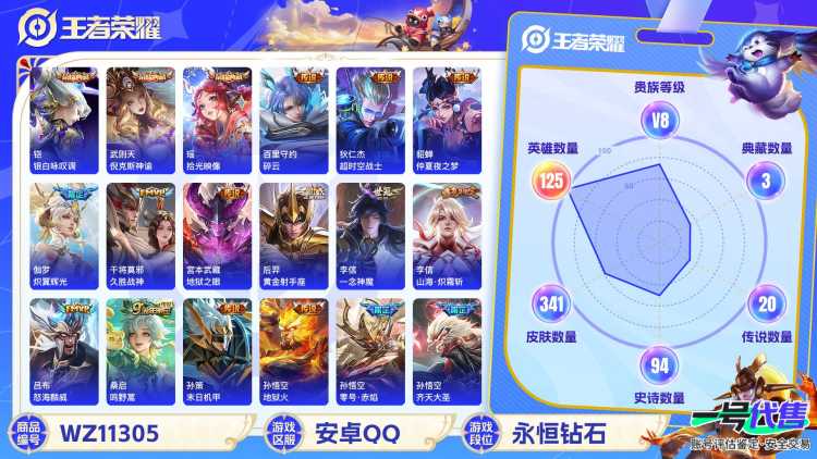 【WZF5216】贵族8/皮肤341/典藏4/传说19/史诗93/英雄125/武则天/武则天_倪克斯神谕/铠_银白咏叹调/瑶_拾光映像/孙尚香_蔷薇恋人/嬴政_优雅恋人/狂铁_特工战影/狄仁杰_超时
