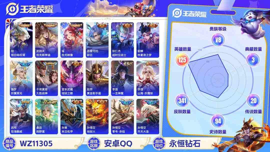 王者荣耀账号安卓QQ【WZF5216】贵族8/皮肤341/典藏4/传说19/史诗93/英雄125/武则天/武则天_倪克斯神谕/铠_银白咏叹调/瑶_拾光映像/孙尚香_蔷薇恋人/嬴政_优雅恋人/狂铁_特工战影/狄仁杰_超时