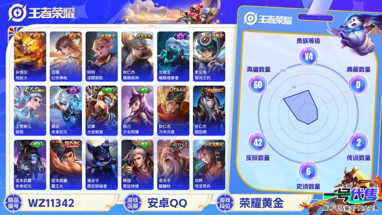 【WZN3160】贵族4/皮肤42/传说2/史诗6/英雄60/孙悟空_地狱火/云缨_幻光神枪/狄仁杰_阴阳师/阿轲_迷踪丽影/夏侯惇_朔风刀/狄仁杰_万华元夜/项羽_海滩派对/老夫子_醍醐杖/刘邦_