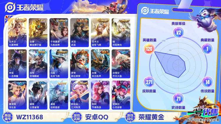 【WZN4028】贵族2/皮肤271/典藏1/传说14/史诗70/英雄120/花木兰_九霄神辉/高渐离_玩趣恶龙/狂铁_特工战影/干将莫邪_胡桃夹子/吕布_怒海麟威/达摩_黄金狮子座/关羽_武圣/花