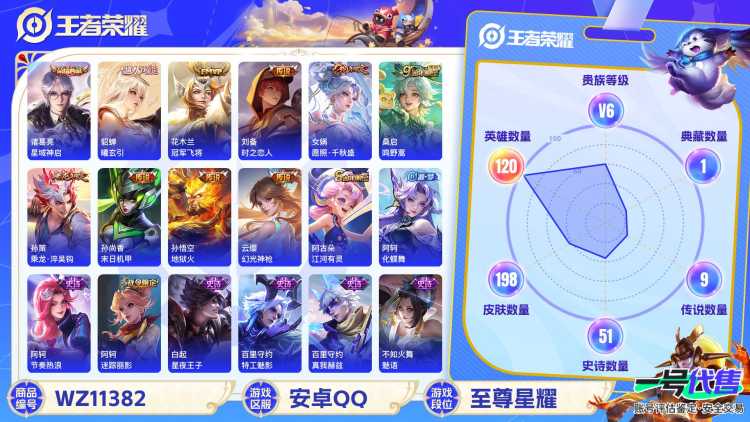 【WZN4211】贵族6/皮肤198/典藏1/传说9/史诗48/英雄120/诸葛亮_星域神启/艾琳_女武神/狂铁_特工战影/孙悟空_地狱火/孙尚香_末日机甲/花木兰_冠军飞将/刘备_时之恋人/孙策_