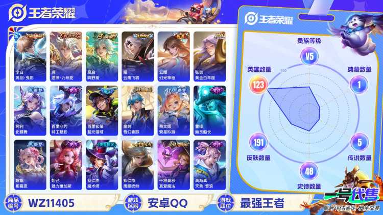 【WZN4280】贵族5/皮肤191/典藏1/传说5/史诗47/英雄123/李白_鸣剑·曳影/孙尚香_蔷薇恋人/狂铁_特工战影/张良_黄金白羊座/曜_云鹰飞将/桑启_鸣野蒿/云缨_幻光神枪/澜_愿照