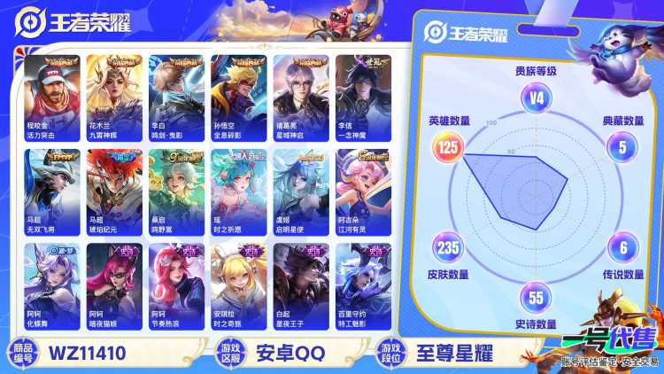 【WZN4290】贵族4/皮肤235/典藏6/传说6/史诗55/英雄125/武则天/孙悟空_全息碎影/程咬金_活力突击/李白_鸣剑·曳影/诸葛亮_星域神启/花木兰_九霄神辉/孙尚香_蔷薇恋人/狂铁_