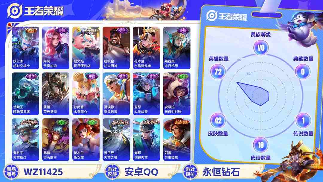 王者荣耀账号安卓QQ【WZSA197】贵族0/皮肤42/传说1/史诗10/英雄72/狄仁杰_超时空战士/蔡文姬_夏日便利店/虞姬_夏日便利店/姜子牙_天穹之誓/项羽_海滩派对/裴擒虎_擒涛扼浪/西施_玲珑珍味/鲁班大师