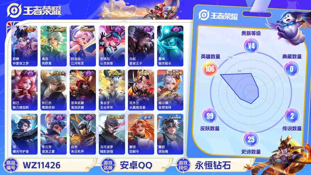 王者荣耀账号安卓QQ【WZSA266】贵族4/皮肤99/传说2/史诗26/英雄106/狂铁_特工战影/貂蝉_仲夏夜之梦/桑启_鸣野蒿/蒙犽_顽岩魄/姜子牙_天穹之誓/狄仁杰_阴阳师/庄周_高山流水/马可波罗_暗影游猎/