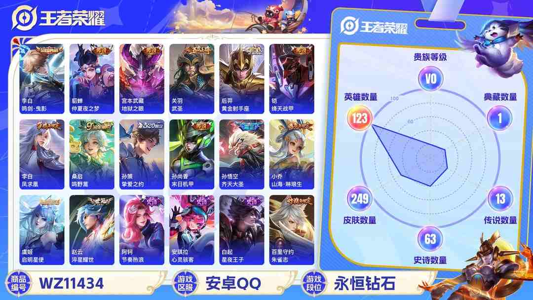 王者荣耀账号安卓QQ【WZSA439】贵族0/皮肤249/典藏1/传说13/史诗62/英雄123/李白_鸣剑·曳影/嬴政_优雅恋人/艾琳_女武神/狂铁_特工战影/宫本武藏_地狱之眼/孙尚香_末日机甲/李白_凤求凰/貂蝉