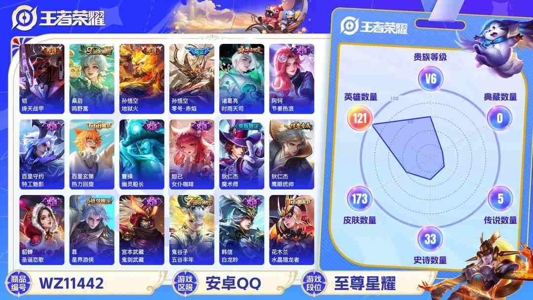 王者荣耀账号安卓QQ【WZC7】贵族6/皮肤173/传说5/史诗33/英雄121/艾琳_女武神/高渐离_玩趣恶龙/狂铁_特工战影/孙悟空_地狱火/孙悟空_零号·赤焰/诸葛亮_时雨天司/铠_绛天战甲/桑启_鸣野蒿/狄仁杰