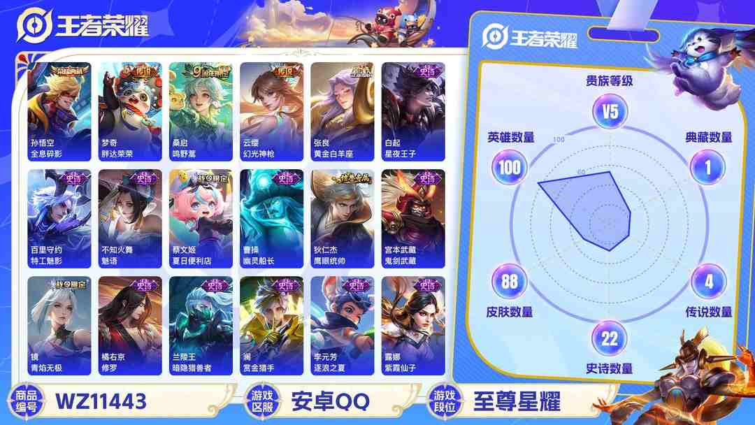 王者荣耀账号安卓QQ【WZC8】贵族5/皮肤88/典藏1/传说4/史诗26/英雄100/孙悟空_全息碎影/张良_黄金白羊座/梦奇_胖达荣荣/桑启_鸣野蒿/云缨_幻光神枪/蔡文姬_夏日便利店/虞姬_夏日便利店/姜子牙_天