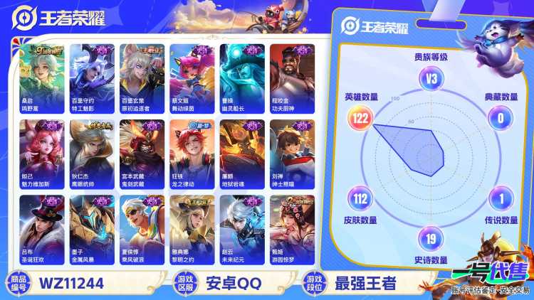 【WZX4546】贵族3/皮肤112/传说1/史诗19/英雄122/艾琳_女武神/狂铁_特工战影/桑启_鸣野蒿/白起_狰/姜子牙_天穹之誓/狄仁杰_阴阳师/虞姬_凯尔特女王/庄周_高山流水/钟无艳_